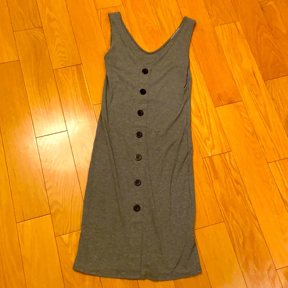 V Neck Ribbed Grey Cotton Button Down Midi Dress